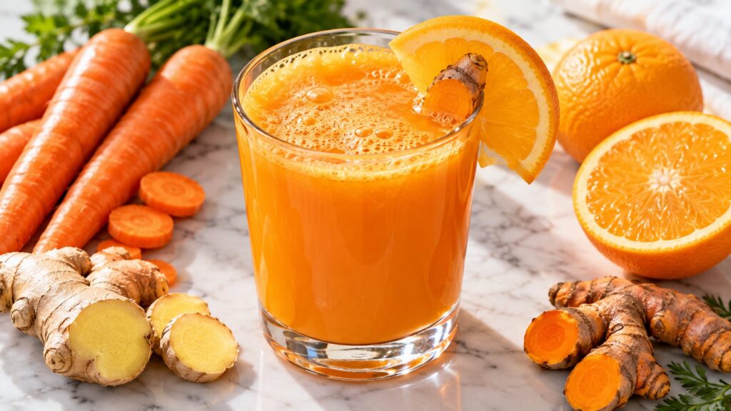 A vibrant orange juice in a clear glass garnished with a thin slice of orange and a small piece of fresh turmeric root T