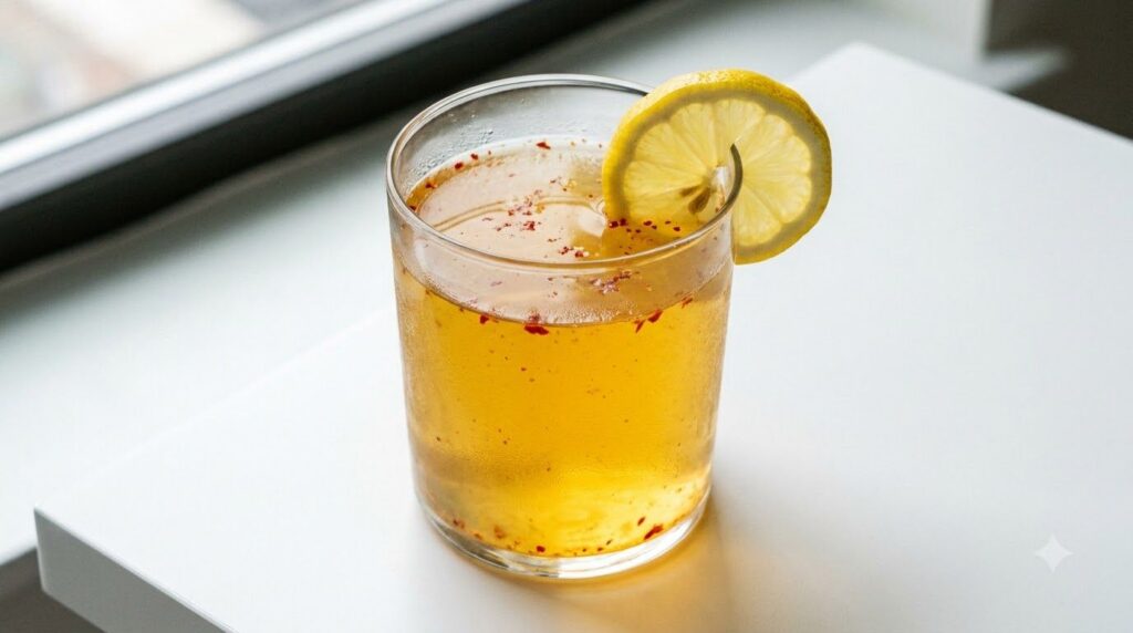 A clear glass with a golden-yellow lemon water with a hint of red from cayenne pepper garnished with a lemon slice The d