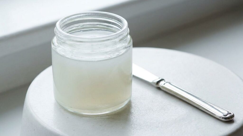Small glass jar with the homemade baby oil and Vaseline gel inside with a small spatula beside it on a clean light surfa