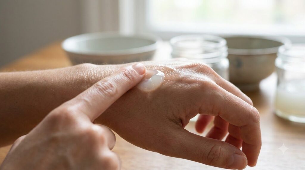 Close-up of a small amount of the gel being gently massaged into the back of a hand showing smooth hydrated skin