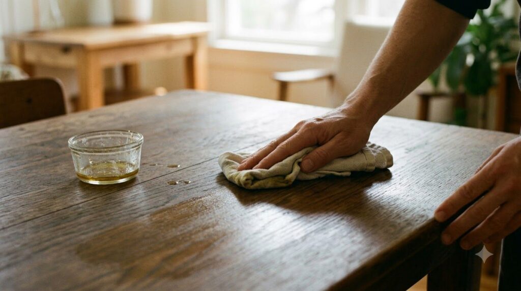 Hands mixing olive oil and vinegar then applying it to a dull wooden surface with a cloth wiping with the grain to resto