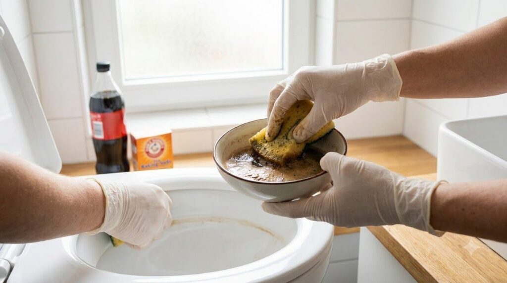 Hands preparing cola and baking soda in a bowl then applying it to a toilet ring with a sponge and scrubbing gently