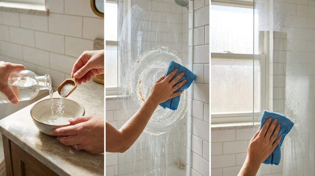 Hands pouring vinegar and salt into a bowl then applying the mixture to a cloudy glass shower door with a blue cloth wip