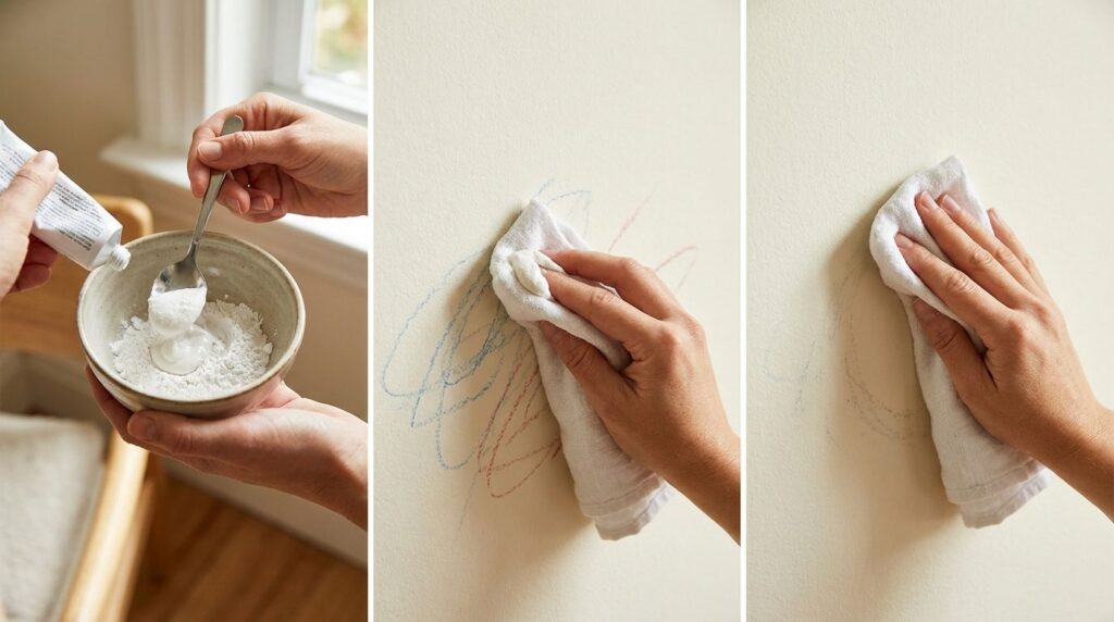 Hands combining toothpaste and baking soda in a bowl then applying the paste to crayon marks on a cream wall with a damp