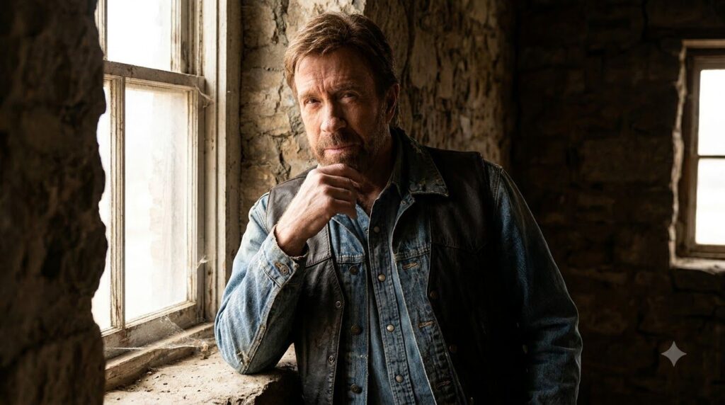 Chuck Norris with his classic bearded look perhaps in an action pose or a thoughtful portrait