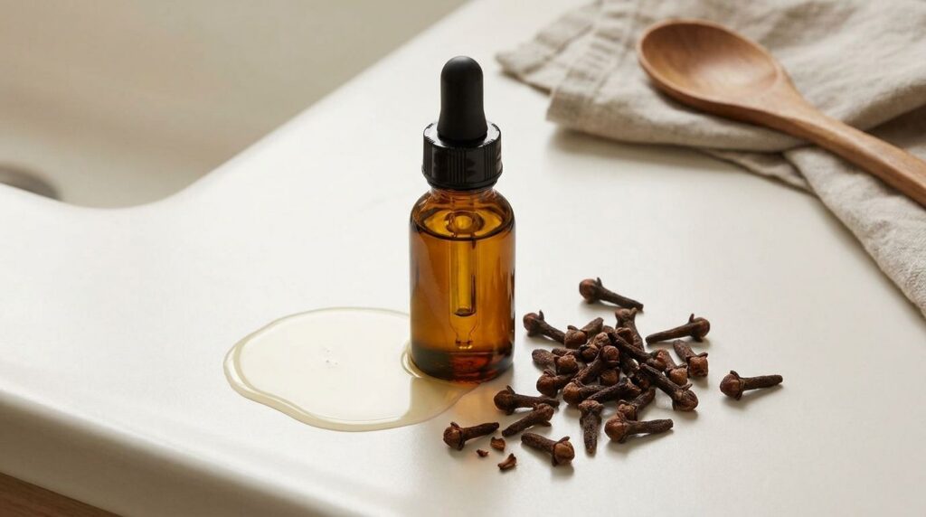 A small dark glass dropper bottle filled with a yellowish oil next to a few whole cloves and some carrier oil on a minim