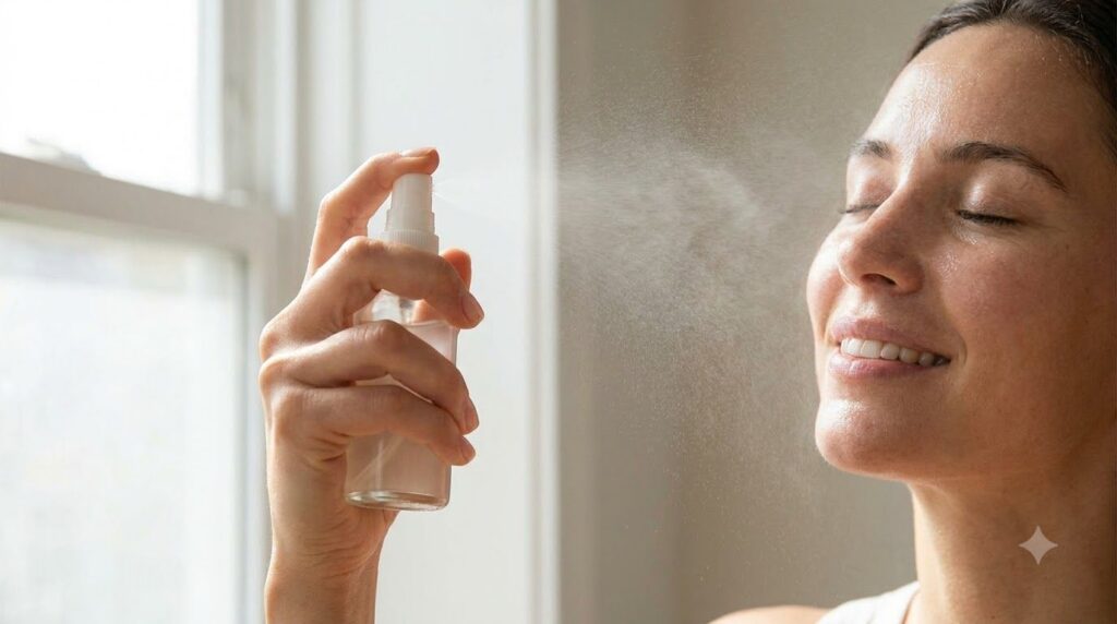 A close-up of a person s hand misting their face with a DIY spray bottle containing a clear liquid possibly clove and ro