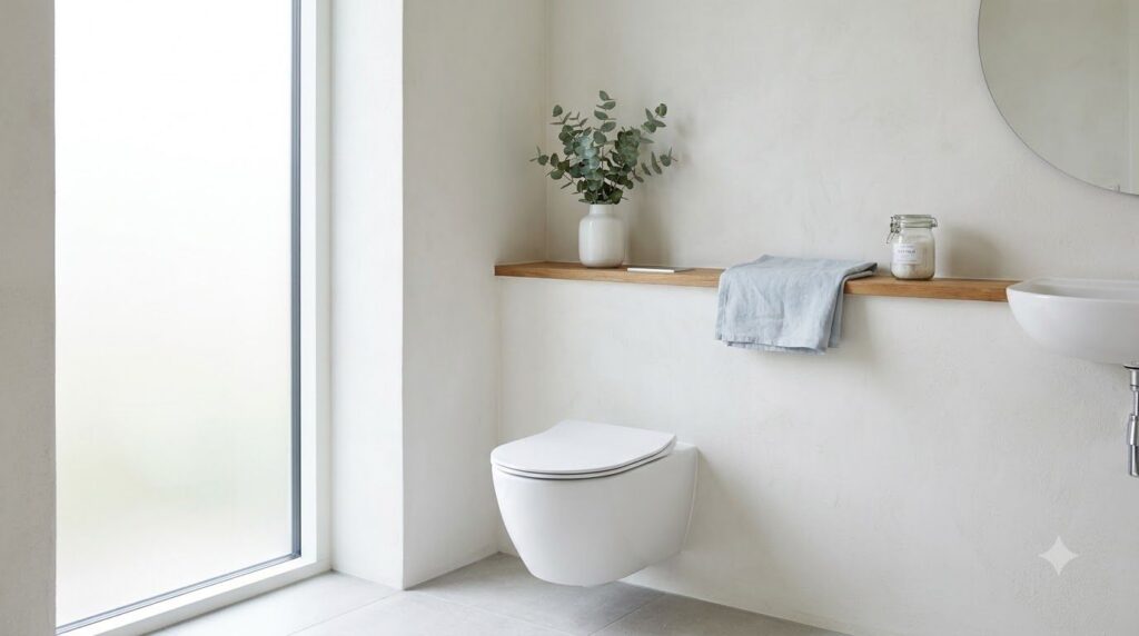 A clean modern bathroom with a toilet and a subtle pleasant aroma suggested by soft lighting and a minimalist design