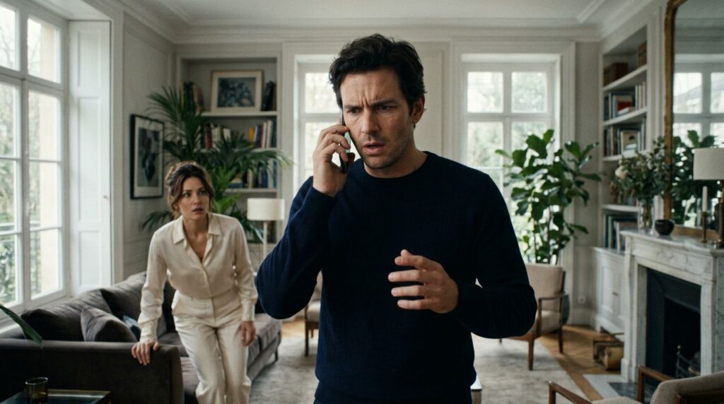 A man Adrian holds his phone to his ear his face showing shock and disbelief as he receives devastating news In the back