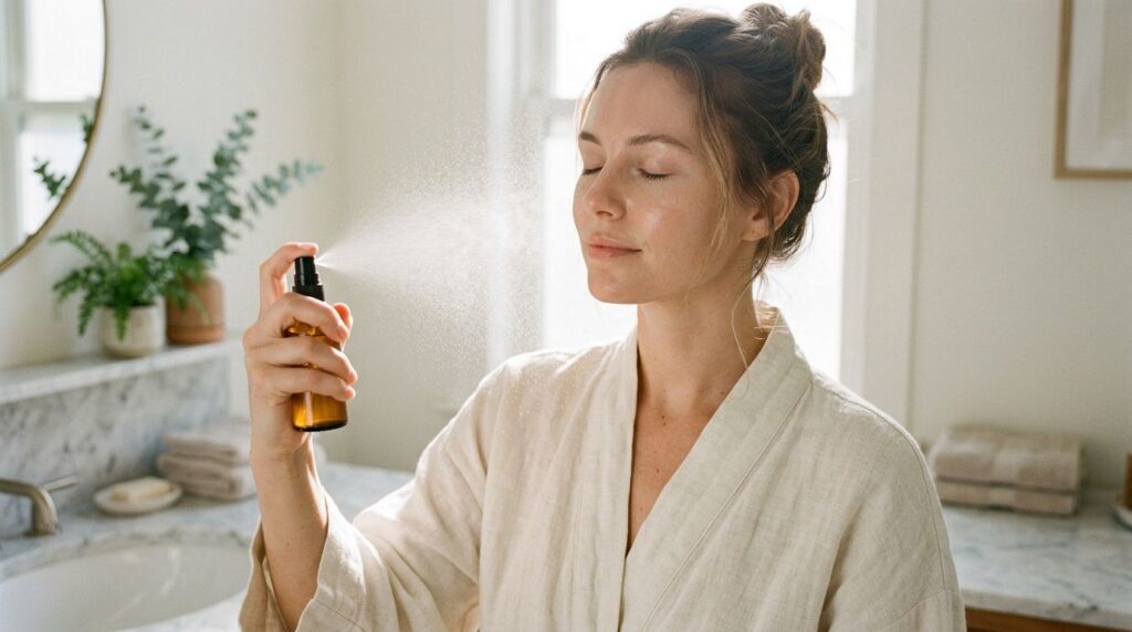 A woman gently misting her face with a fine spray from a small bottle eyes closed with a soft glowing complexion in a cl