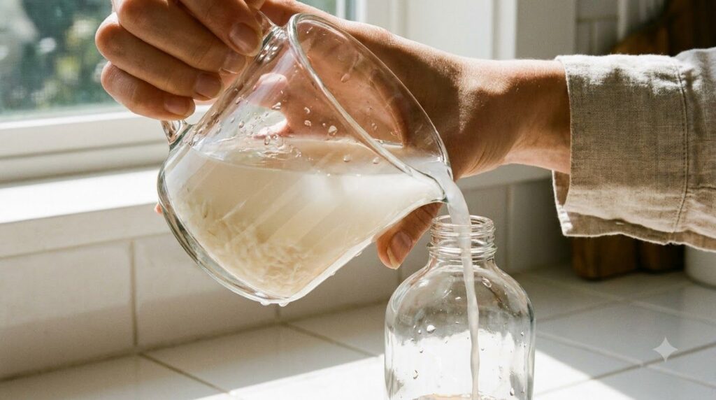 A close-up of a clear glass spray bottle being filled with cloudy rice water with a hand carefully pouring from a measur