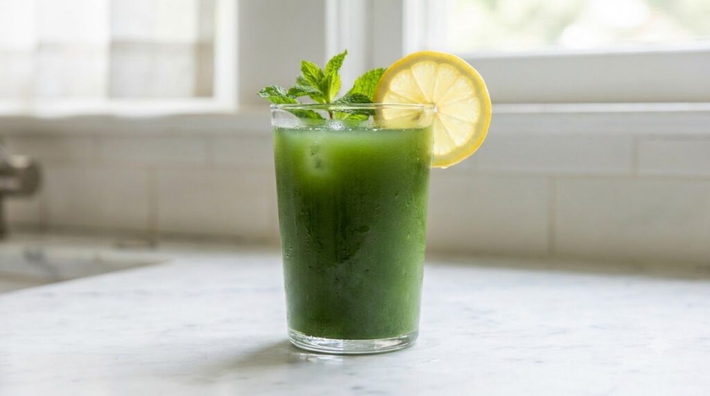 A clear glass filled with the vibrant green collagen beauty drink garnished with a lemon slice on a light background