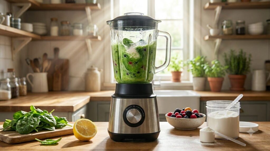 A blender filled with green liquid showing fresh spinach coconut water berries lemon and collagen powder being blended i