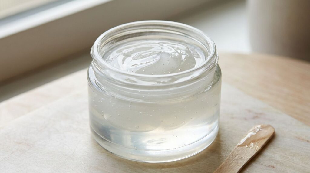 Close-up shot of a small jar containing the mixed baby oil and Vaseline gel with a smooth glossy texture