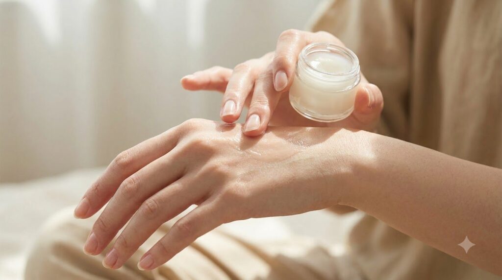 A person s hand gently applying the baby oil and Vaseline mix to the back of another person s hand demonstrating a patch