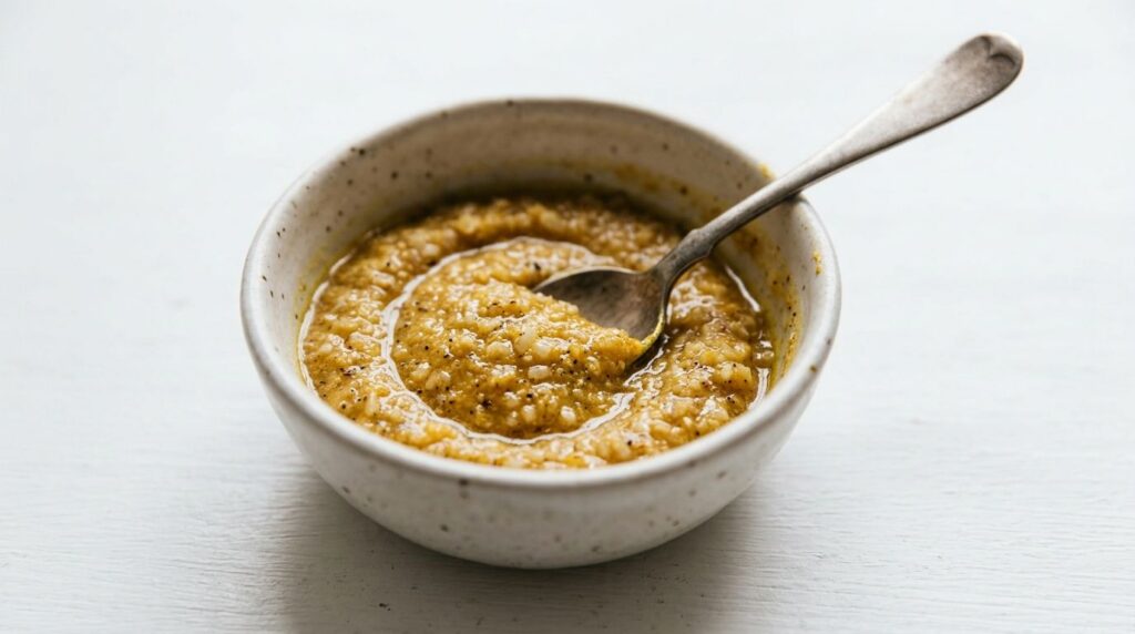 A close-up shot of a small bowl containing the mixed baby oil rice turmeric and clove paste with a spoon resting in it r