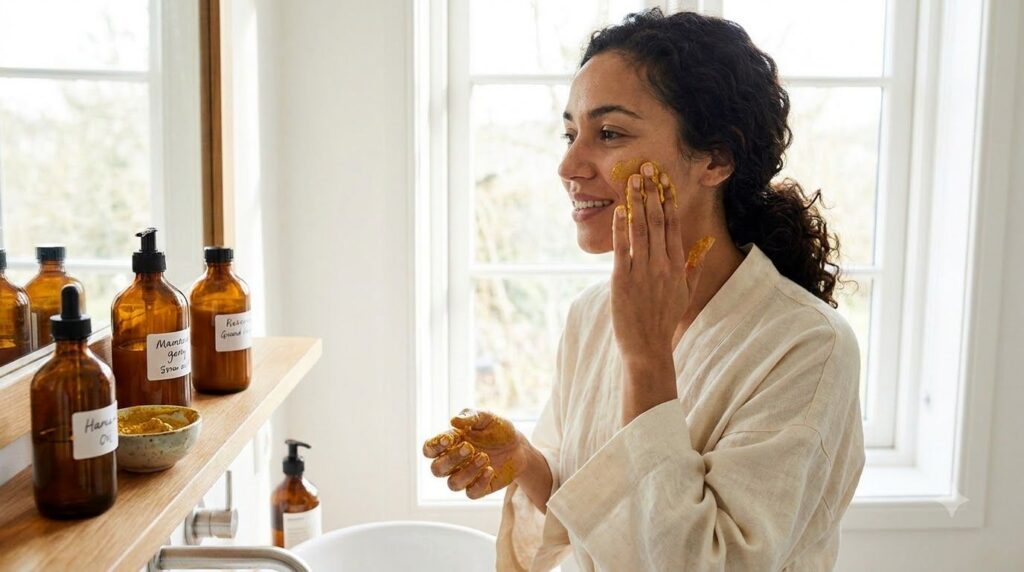 A woman gently applying the turmeric-infused baby oil and rice paste to her face with a soft radiant expression Her hand