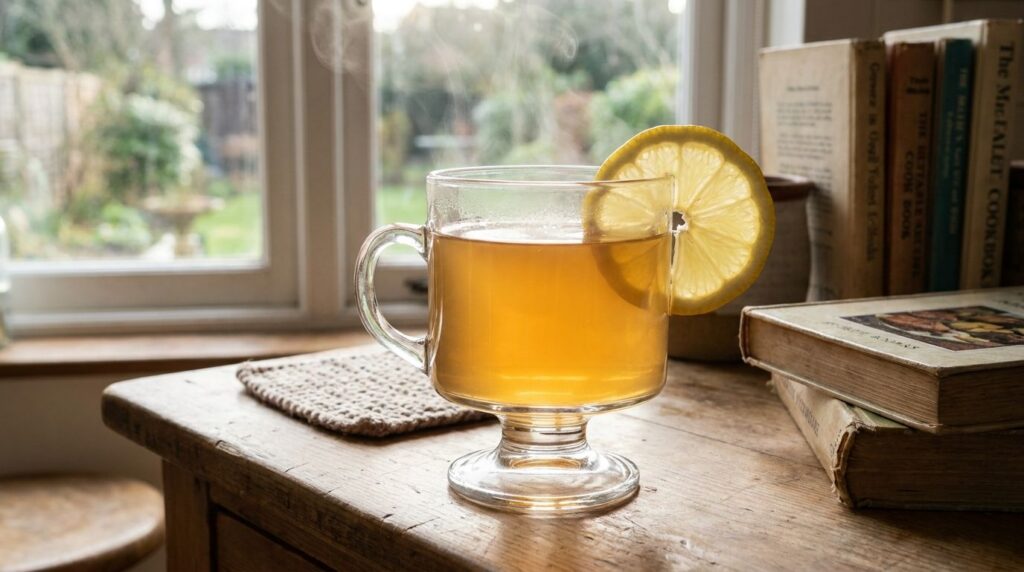 A glass mug filled with a warm amber-colored gelatin drink with a slice of lemon on the rim and steam rising from it The