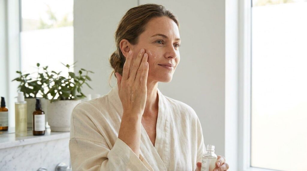 A woman gently applying the homemade rice and clove serum to her face with fingertips
