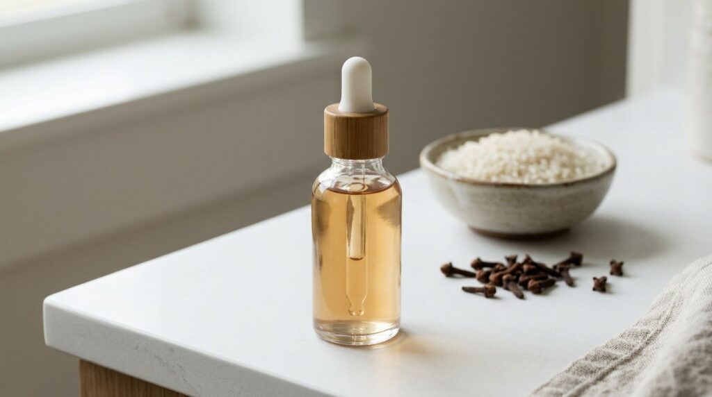 A dropper bottle filled with homemade rice and clove serum on a bathroom counter next to some fresh cloves and a small b