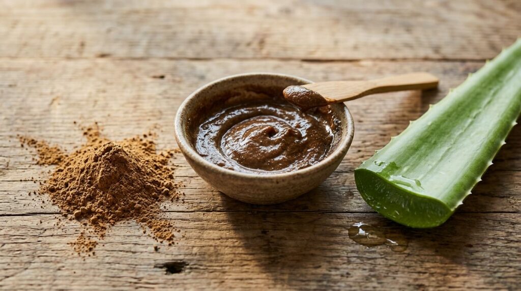 A small bowl of the mixed brown powder and aloe vera gel mask ready for application next to a fresh aloe vera leaf and a
