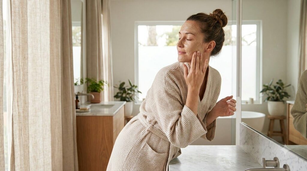 A woman gently applying a light brown facial mask to her clean face in a brightly lit bathroom The mask is smooth and sp