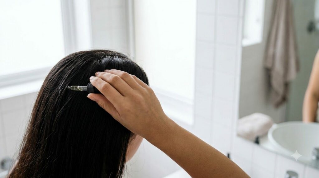 A woman s hand gently massaging her scalp with the onion hair rinse showing healthy dark hair in a bathroom setting