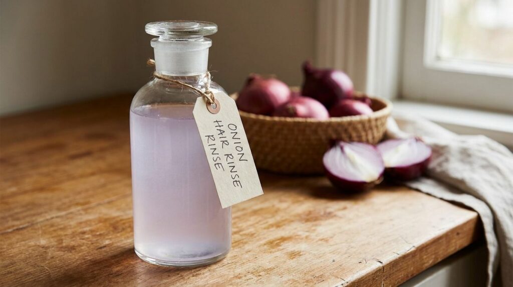 Close-up of a glass bottle filled with clear light purple onion water extract ready for use with blurred onions in the b