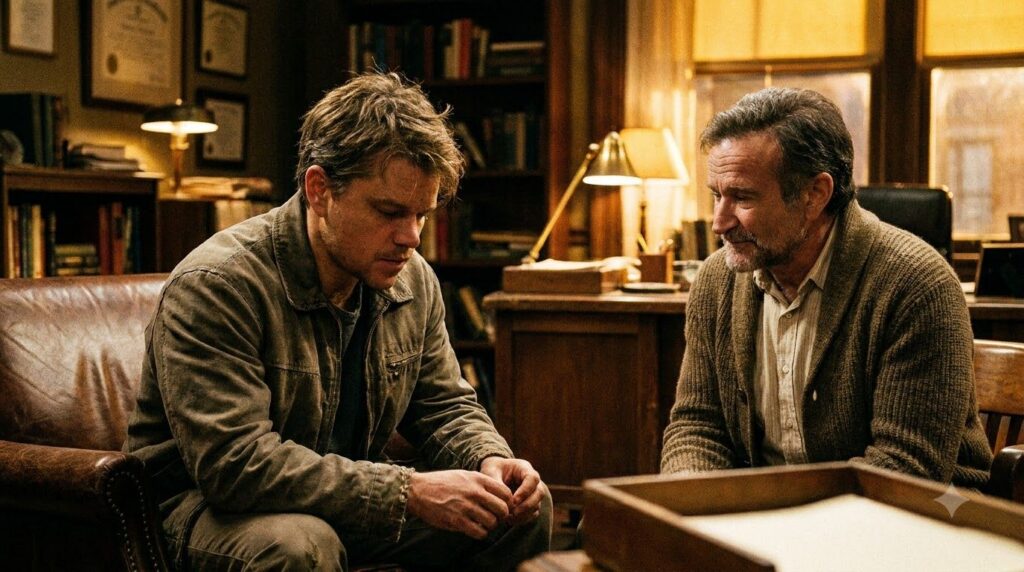 A scene from Good Will Hunting featuring Matt Damon as Will Hunting perhaps in a classroom or a therapy session with Rob