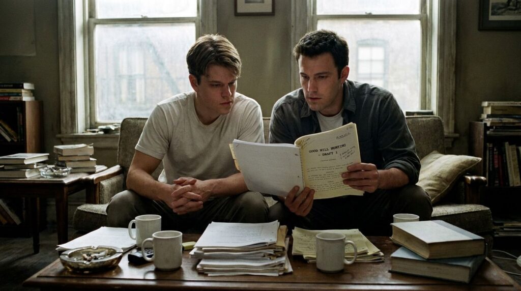 Young Matt Damon and Ben Affleck collaborating on a screenplay or at an early film festival together