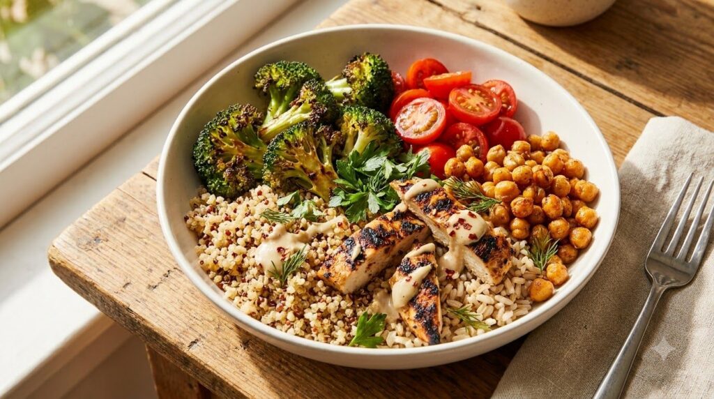 A balanced and vibrant meal featuring cooked quinoa or brown rice as the base topped with lean protein and colorful roas