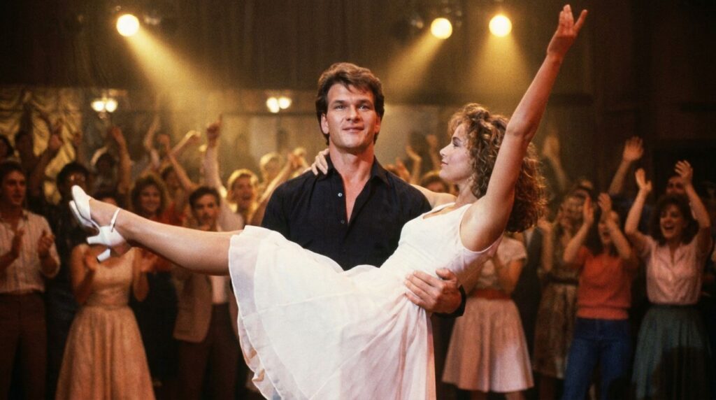 A still from the movie Dirty Dancing showing Patrick Swayze as Johnny Castle holding Jennifer Grey as Baby Houseman in t