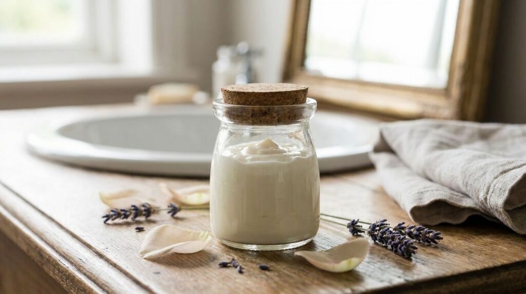 A small elegant glass jar filled with homemade white cream with soft focus background of a bathroom or vanity A few fres