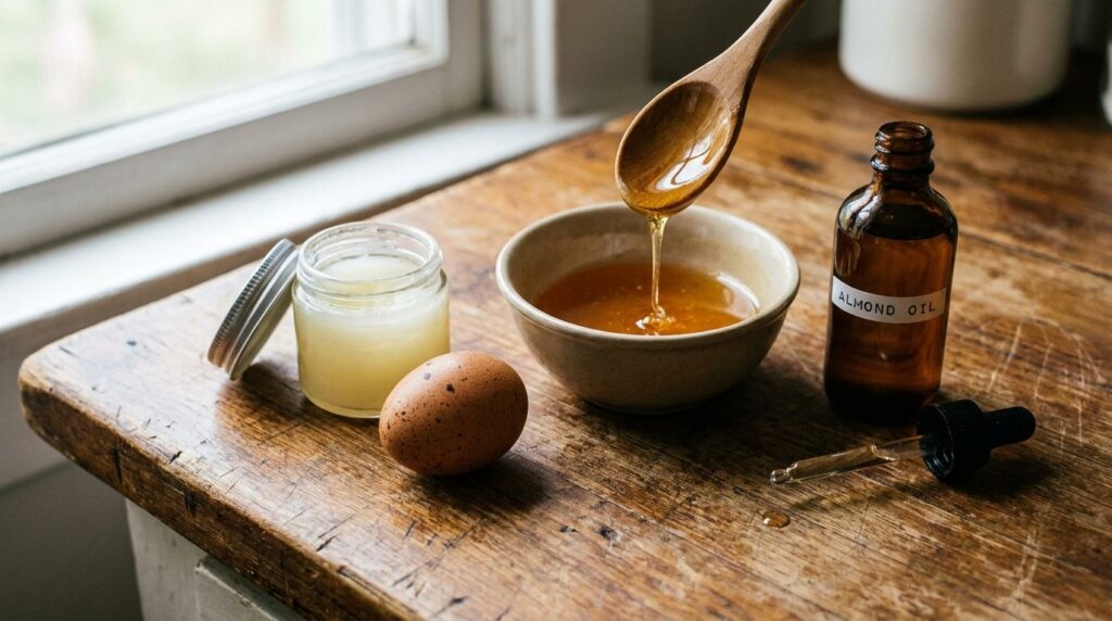 Close-up of ingredients petroleum jelly an egg a spoon of honey and a small bottle of almond oil on a kitchen counter