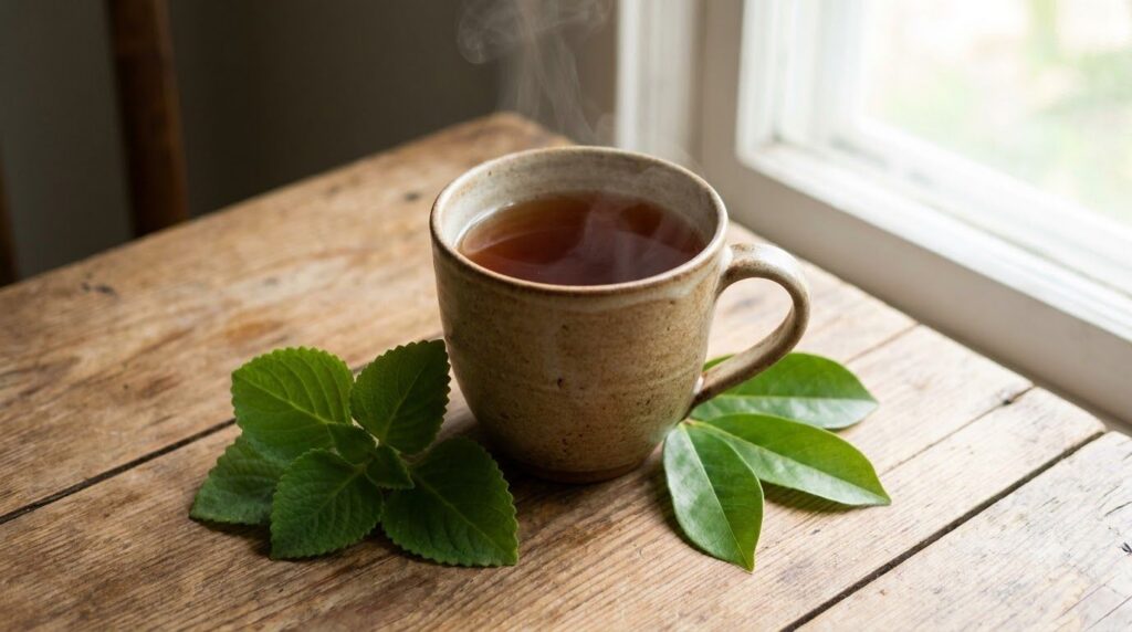A single mug of freshly brewed Coleus Amboinicus and Soursop tea steaming gently with a few fresh leaves scattered aroun