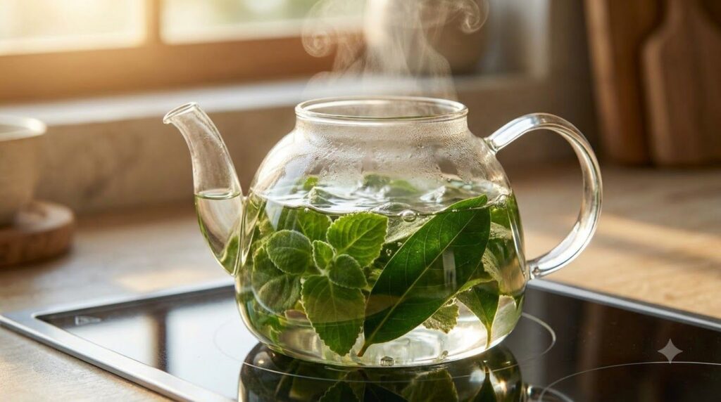 A close-up of Coleus Amboinicus and Soursop leaves simmering gently in a clear glass teapot on a stovetop with steam gen