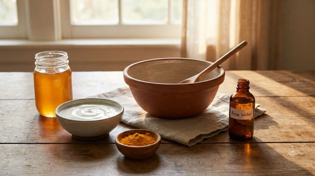 Ingredients for the DIY mask honey yogurt turmeric and rose water laid out on a wooden table next to a small mixing bowl