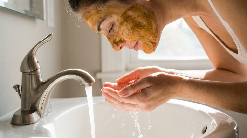 A close-up of a woman rinsing a golden face mask from her face over a sink with gentle running water Her hands are cuppe