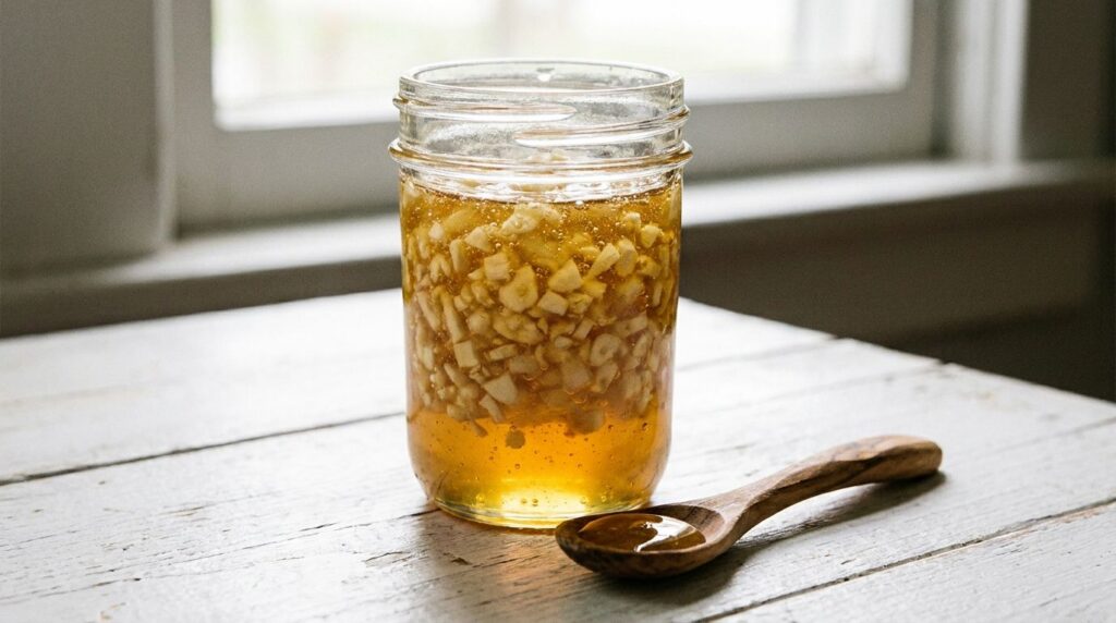 A small glass jar filled with minced garlic submerged in golden honey ready for consumption