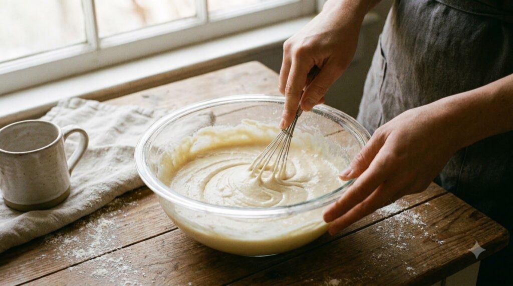Close-up of a person gently mixing ingredients in a bowl with a whisk or small spatula showing the creamy texture starti