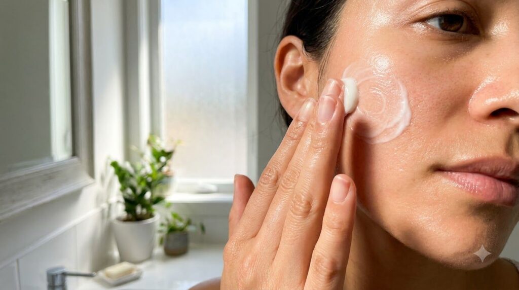 A person applying a small amount of the cream to their face with gentle circular motions showing soft and glowing skin