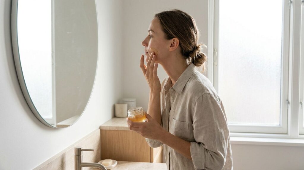 A woman gently applying a thin layer of the yellow Vaseline and turmeric mixture to her cheek with her fingertips in a w