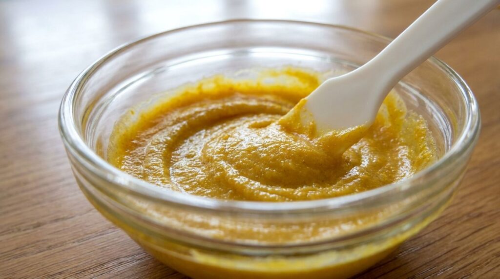 Close-up of a small bowl containing the yellow Vaseline and turmeric mixture being stirred with a small spatula to show