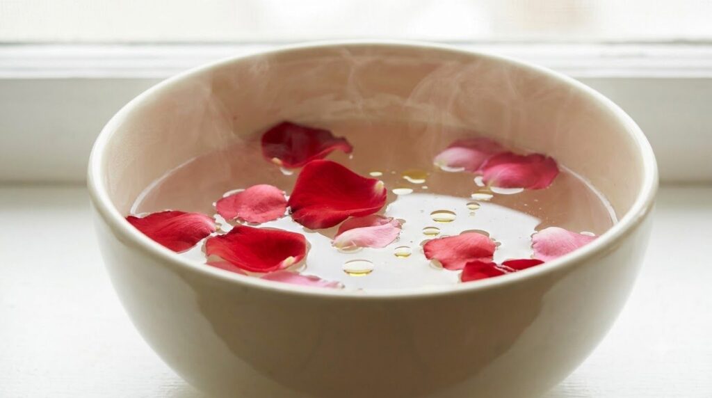 A close-up of a foot soak with vibrant rose petals and a few drops of essential oil in warm water creating a beautiful a