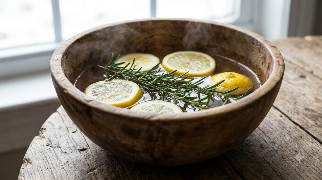 A close-up of a foot soak with fresh rosemary sprigs and lemon slices in warm water in a wooden bowl