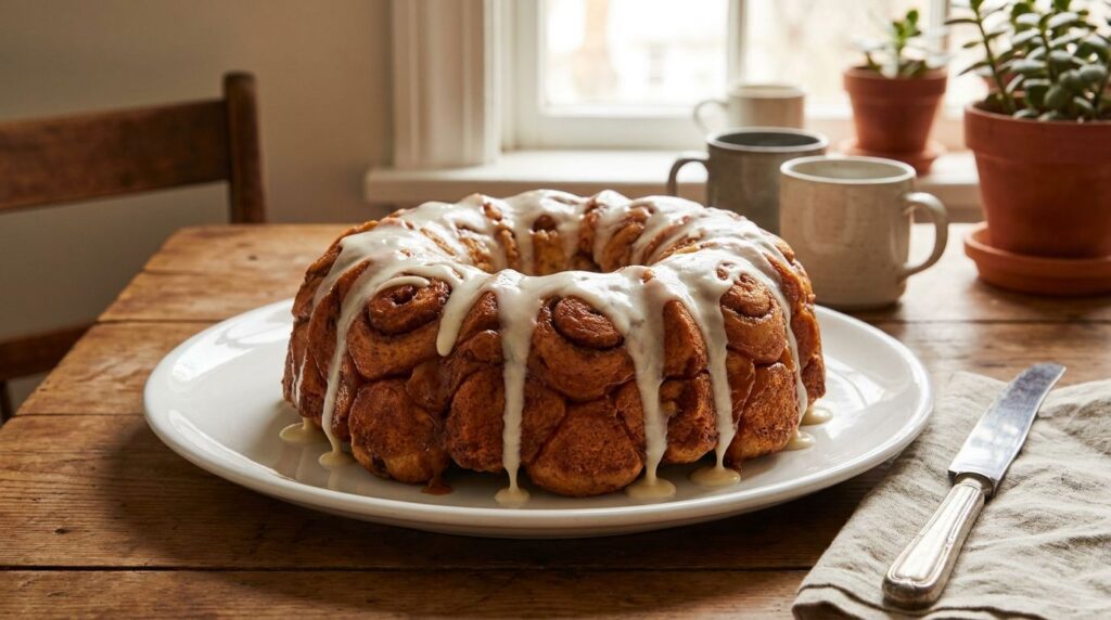 A baked monkey bread made from cinnamon rolls inverted onto a platter and drizzled with white icing ready for sharing