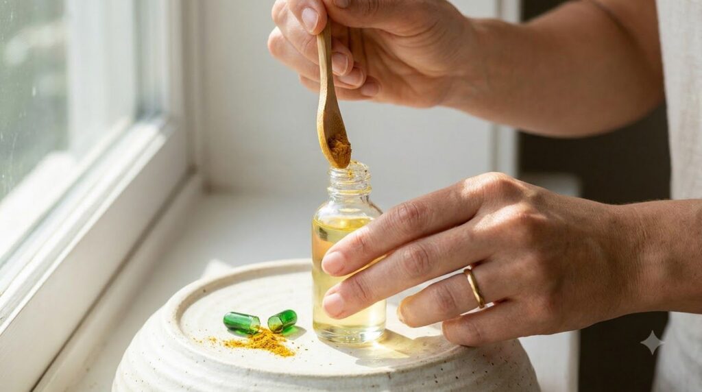 A woman s hands mixing turmeric powder and oil from a vitamin E capsule into a small bottle of baby oil