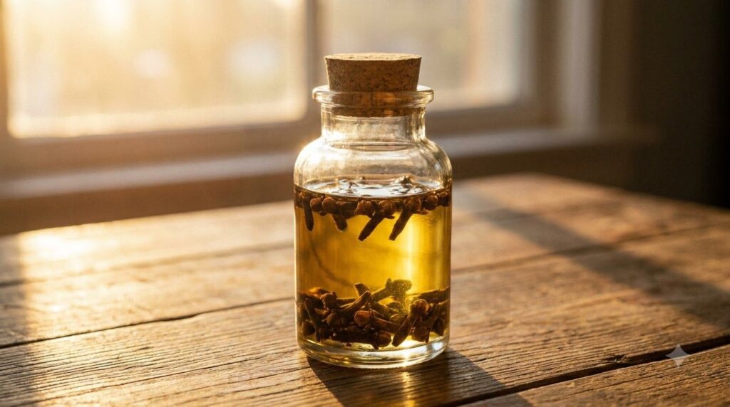 A close-up of a glass bottle containing baby oil and whole cloves with natural light filtering through