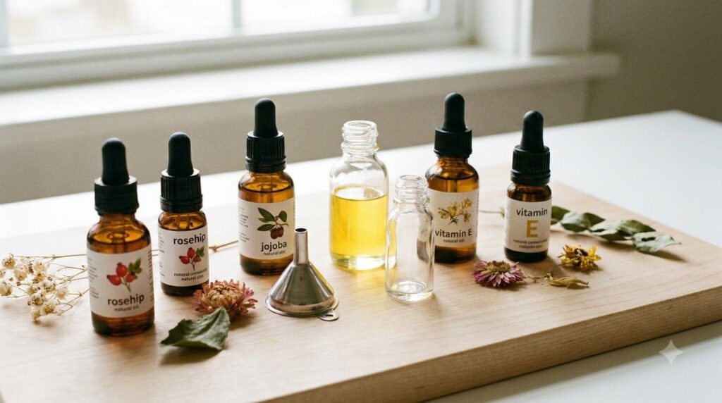 Various small glass bottles of natural oils like rosehip jojoba and vitamin E with a small funnel and an empty dropper b