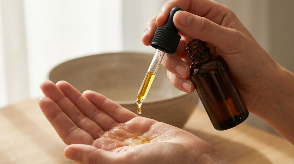 A close-up of a dark glass dropper bottle filled with a golden oil with a few drops being dispensed onto a hand highligh